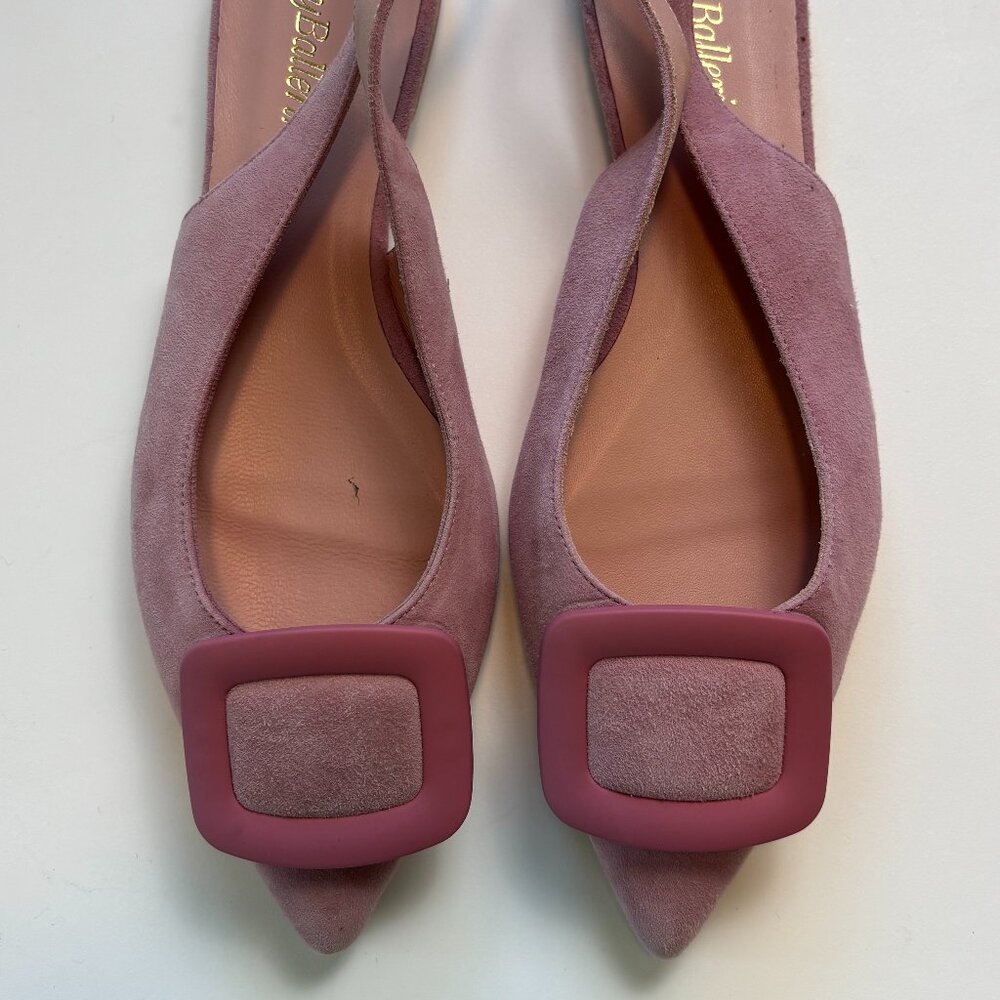 Pretty Ballerinas Suede‎ Slingback Flats 38 Pink Buckle Pointed Toe Spain